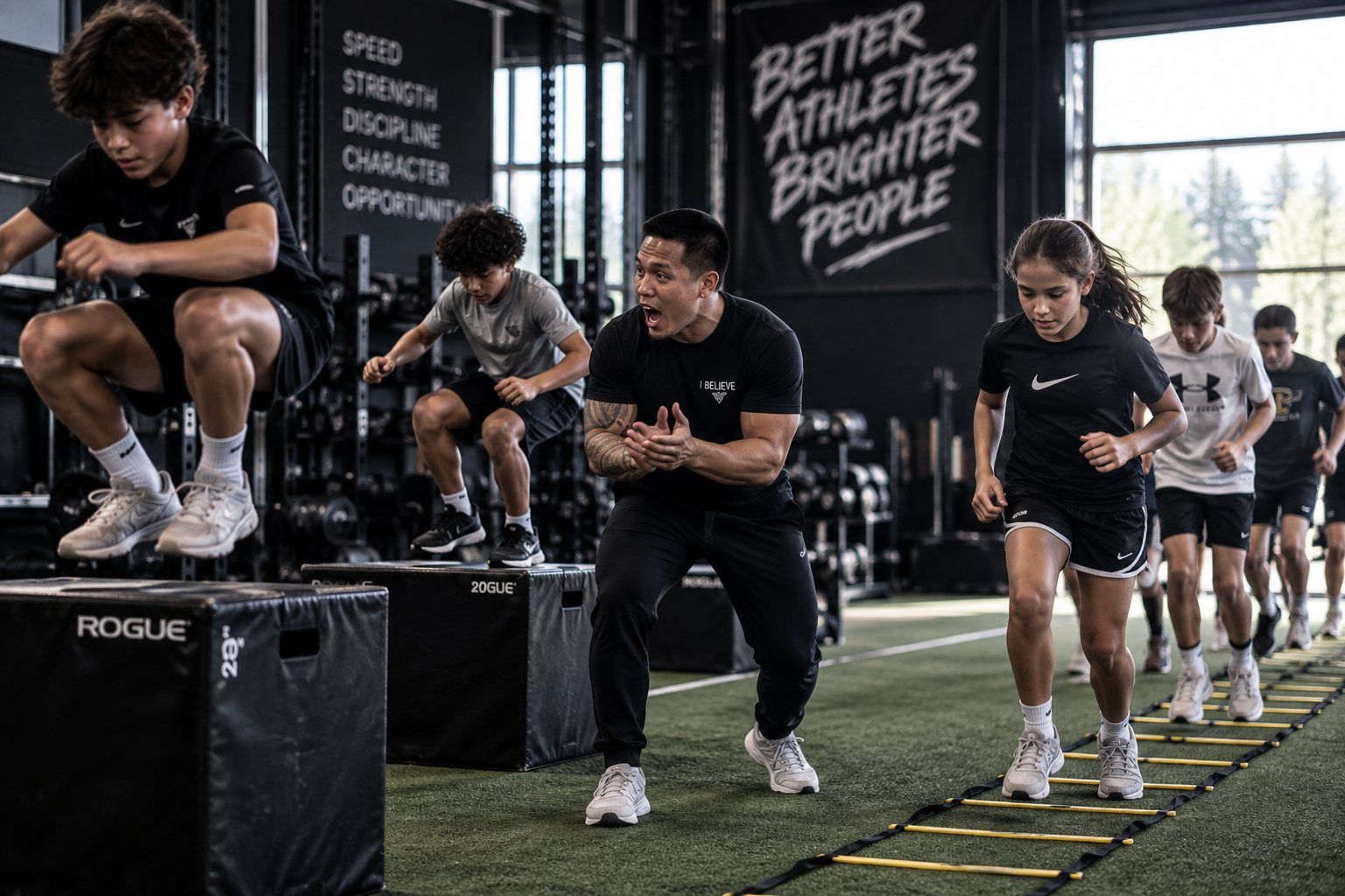 Athletes running ladder and box jump drills with their coach